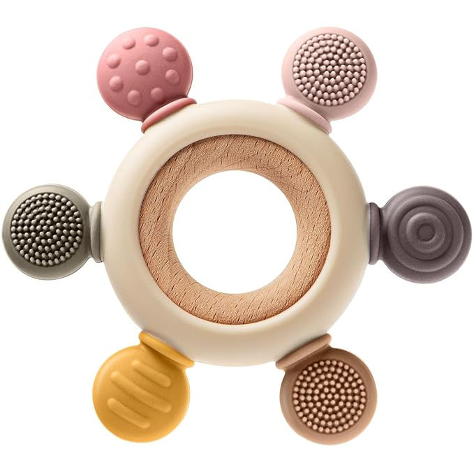 Close-up view of a cute silicone teething toy in a playful shape