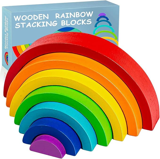 Close-up view of a colorful stacking toy set
