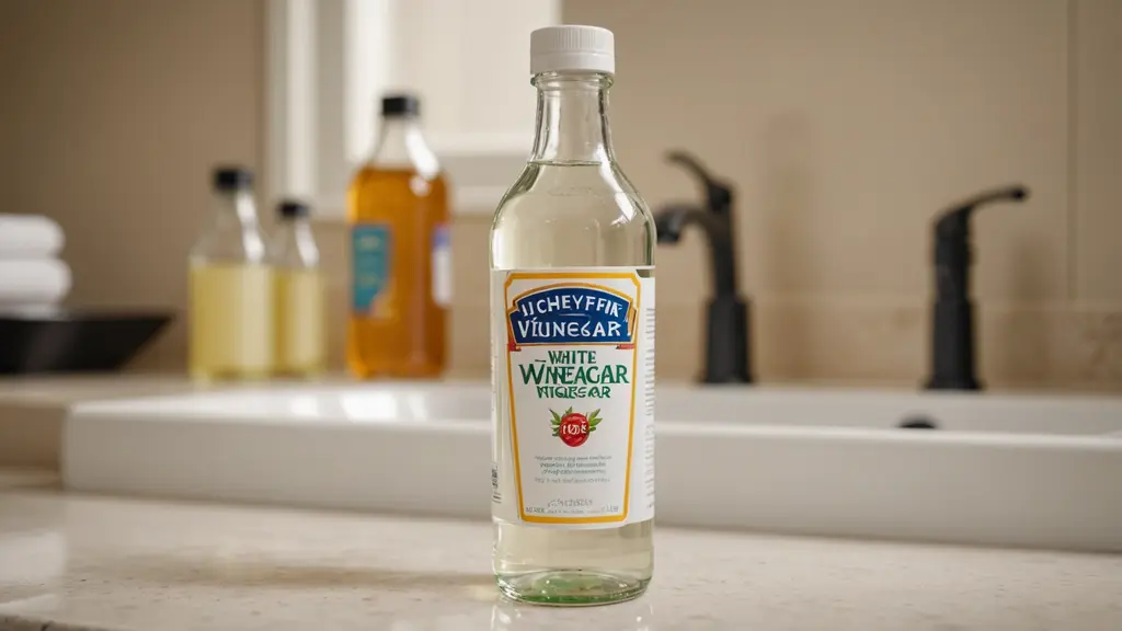 Eye-level view of a bottle of white vinegar on a bathroom counter
