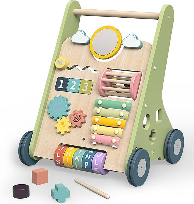 High angle view of a colorful wooden kitchen toy set for kids